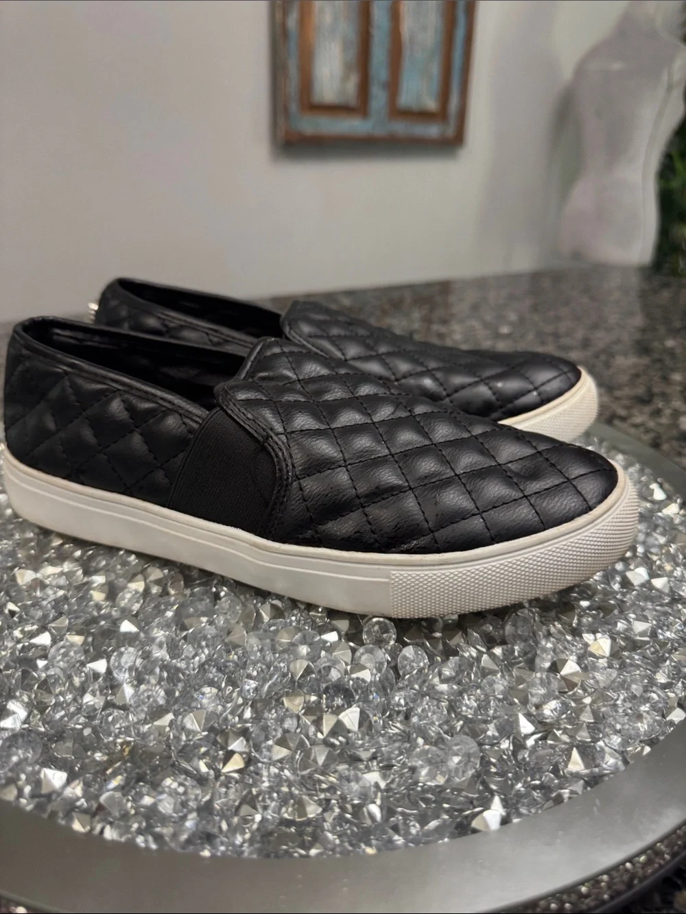 Steve Madden Black Quilted Slip-On Sneakers with White Sole 8.5